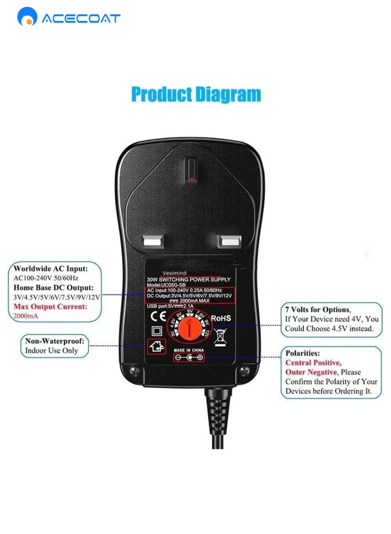 ايسكوت محول طاقة عالمي 30 واط 3 فولت 4.5 فولت 5 فولت 6 فولت 7.5 فولت 9 فولت 12 فولت محول طاقة AC/DC مع 8 رؤوس قابلة للاختيار للأجهزة المنزلية التي تعمل بجهد 3 فولت-12 فولت وشريط LED - 2000 مللي أمبير كحد أقصى - Image 3
